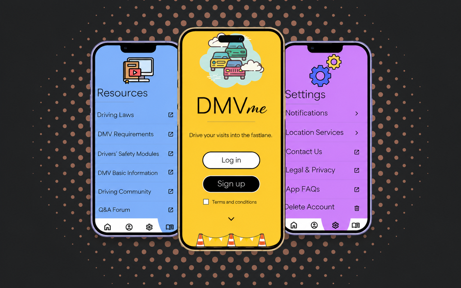 Three high-fidelity DMVme iPhone mockups showing resources, login, and settings screens