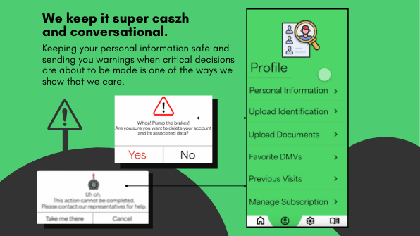 Original DMVme conversational safety flow showing document deletion warnings and confirmations