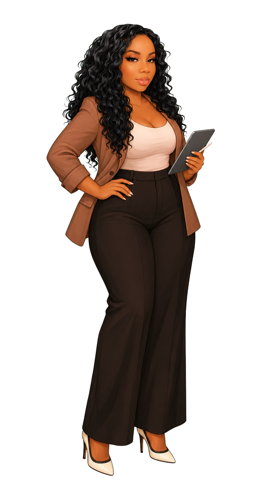Full-body cartoon avatar of Halo White with long curly hair, a brown blazer, tablet, and confident smile