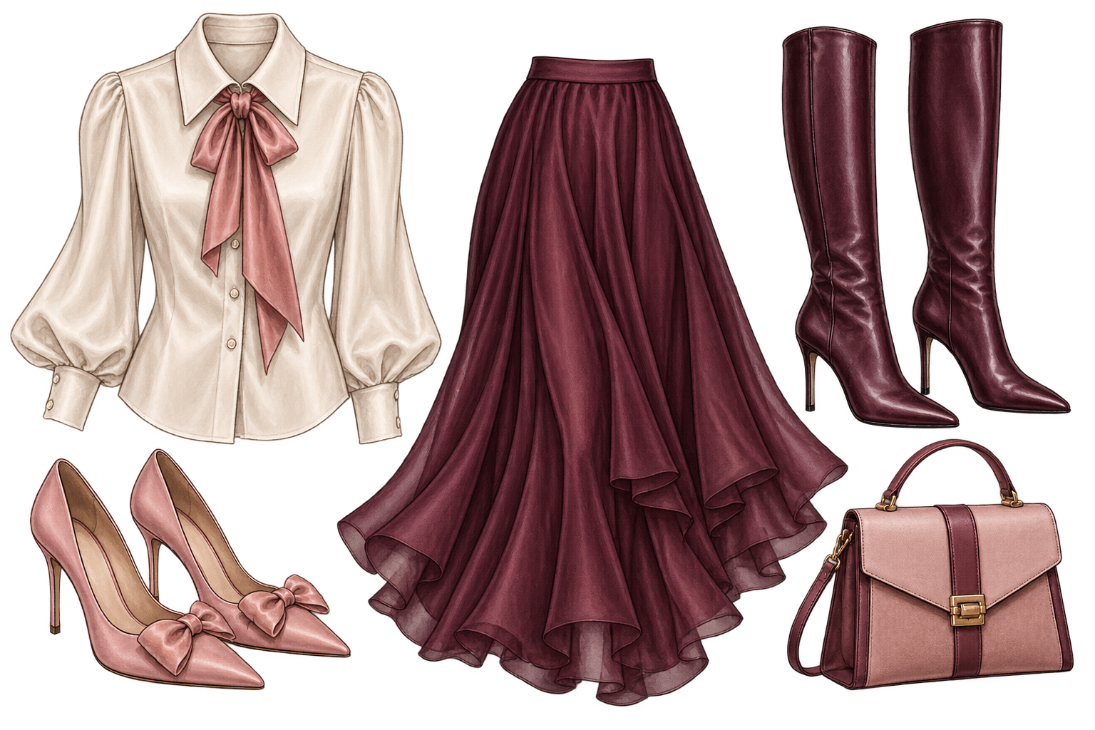 Illustrations of a blouse, skirt, boots, heels, and handbag