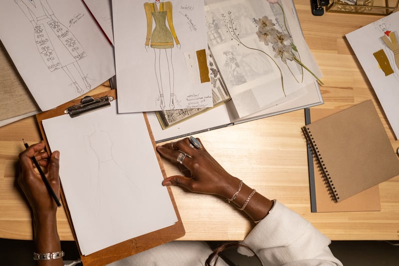 Creative design process with sketches and material samples
