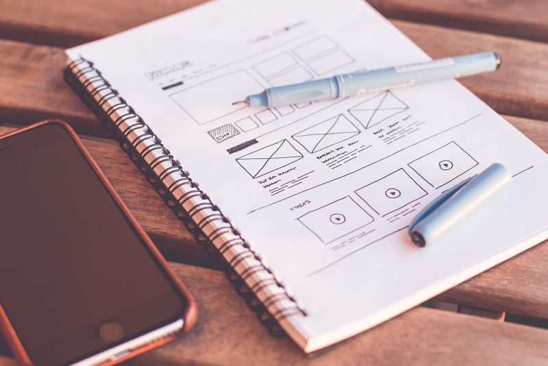 UX wireframes sketched in a notebook